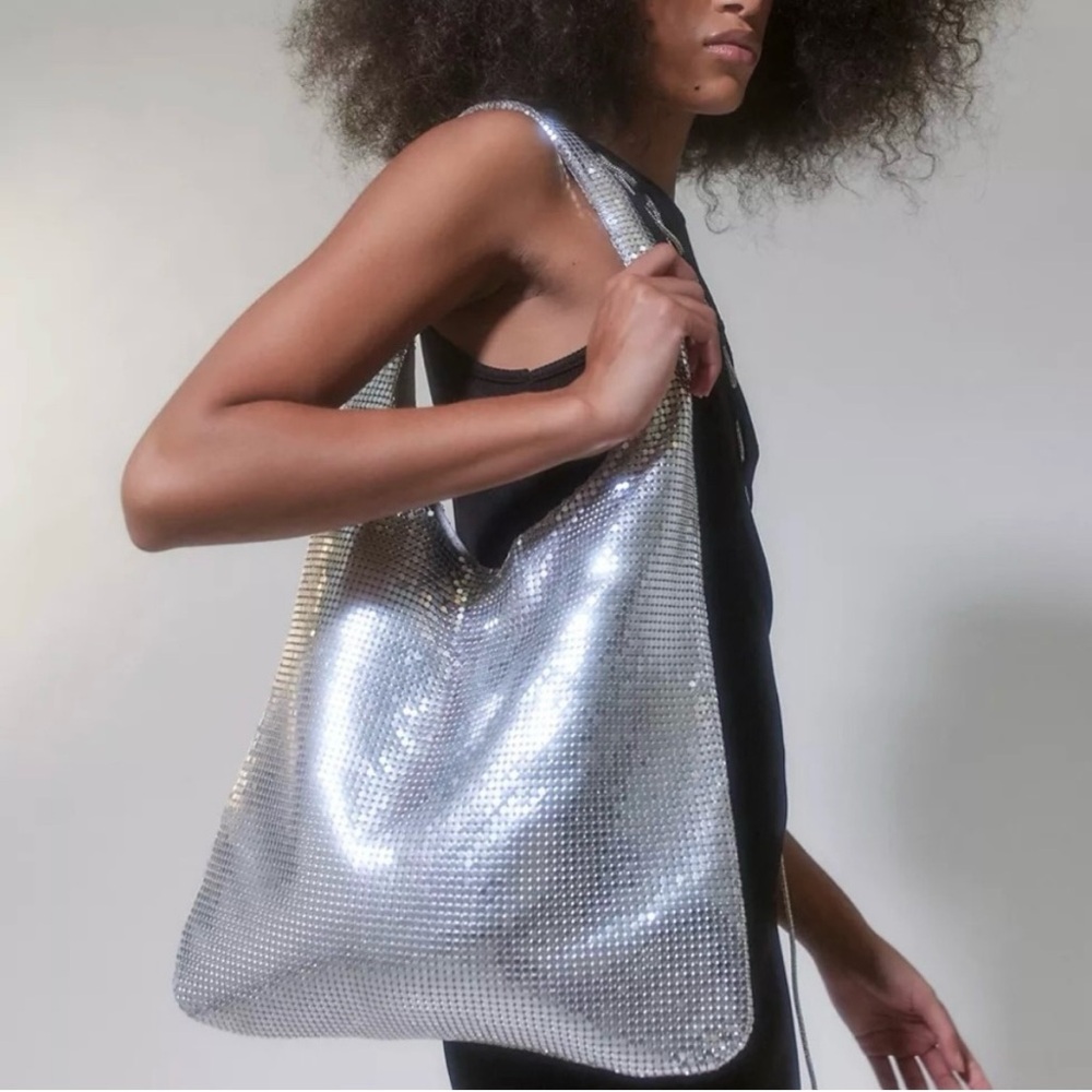 Urban Outfitters metal chain mail, silver sequin slouch bag. NWOT.